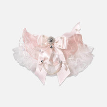 Load image into Gallery viewer, Pink Pearl Bow Cat Bib | Handmade Luxury Ruffle Cat Bib | MissyMoMo