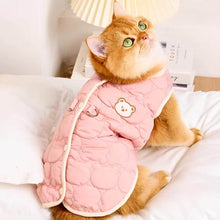 Load image into Gallery viewer, Cat Wearing Pink Quilted Jacket With Bear Detail | Cozy Cat Winter Outfit | MissyMoMo