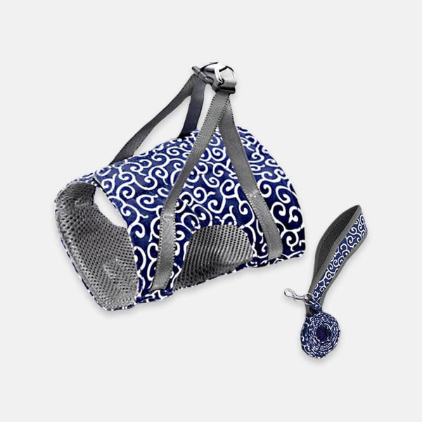 Blue Fuku Cat Harness & Leash Set in Seamless Waves Pattern | MissyMoMo