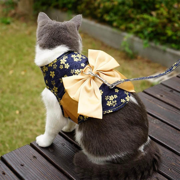 Cat Wearing Yellow Bow Kimono Harness | MissyMoMo