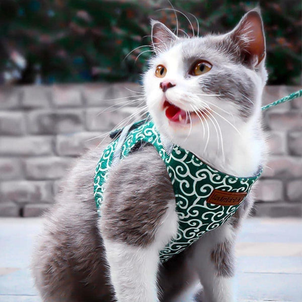Cat in Fuku Cat Harness in Green Waves Pattern | MissyMoMo