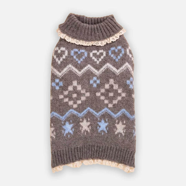 Alpine Cat Sweater | Grey Knit with Blue Hearts and Lace Trim | MissyMoMo