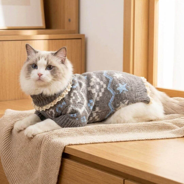 Alpine Cat Sweater on Ragdoll Cat | Grey Knit with Blue Hearts and Lace Trim | MissyMoMo