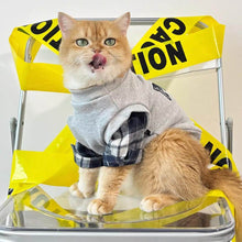 Load image into Gallery viewer, Cat Wearing Stylish Grey Sweatshirt | Plaid Sleeve Cat Outfit | MissyMoMo
