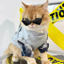 Load image into Gallery viewer, Cat Wearing Grey Paris Feelings Sweatshirt | Plaid Sleeve Cat Apparel | MissyMoMo
