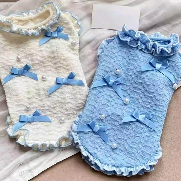 Blue And White Ruffled Bow Cat Vests | Cute Cat Vests With Bows | MissyMoMo