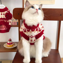 Load image into Gallery viewer, Cat Wearing Red Knit Cat Sweater | Cozy Winter Cat Clothes | MissyMoMo
