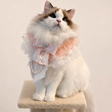 Load image into Gallery viewer, Pink Pearl Bow Cat Bib on Fluffy Cat | Handmade Ruffle Cat Bib | MissyMoMo
