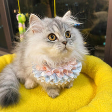 Load image into Gallery viewer, Bonbon Cat Bib on Silver Fluffy Cat | Handmade Pearl Ruffle Cat Bib | MissyMoMo
