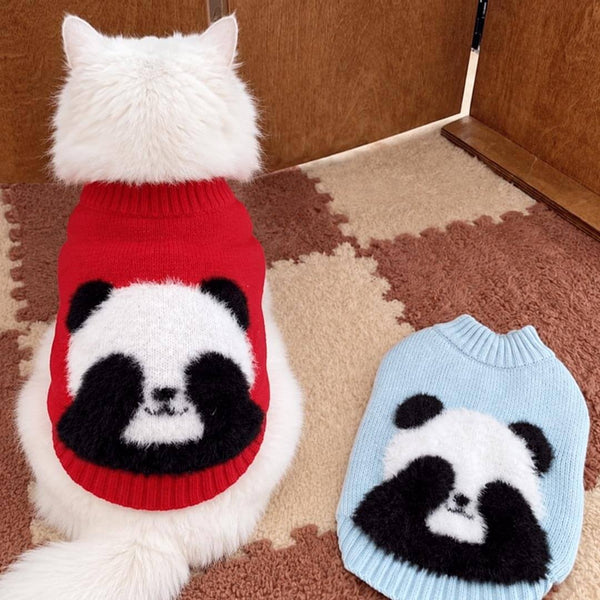 White Cat Wearing Red Blue Panda Knit Cat Sweater | Cute Cat Sweater | MissyMoMo