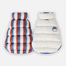 Load image into Gallery viewer, Cream Reversible Jacket for Cats | Striped &amp; Solid Puffer Style | MissyMoMo

