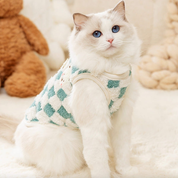 Cat in Blue Fleece Checkered Jacket | MissyMoMo