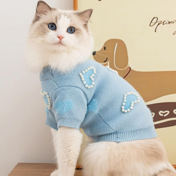 Cat in Blue Sweater with Pearl Hearts | MissyMoMo