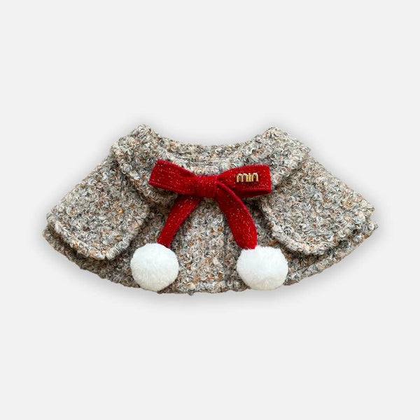 Colette Cat Bib in Grey | Bouclé Cat Cape with Red Bow and White Pom Poms | MissyMoMo