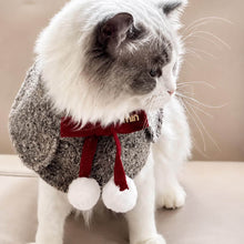 Load image into Gallery viewer, Colette Grey Cat Bib Side View on Ragdoll Cat | Red Bow and Pom Poms | MissyMoMo
