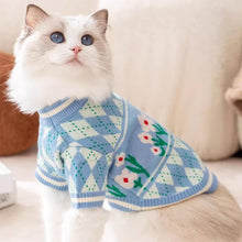 Load image into Gallery viewer, Cat in Blue Argyle Cat Sweater with Floral Design | MissyMoMo
