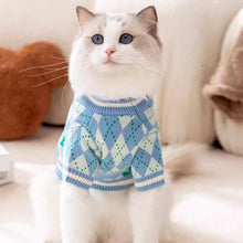 Load image into Gallery viewer, Cat in Blue Argyle Sweater with Floral Design | MissyMoMo
