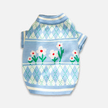 Load image into Gallery viewer, Blue Argyle Cat Sweater with Floral Design | MissyMoMo
