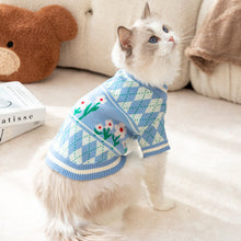 Load image into Gallery viewer, Cat in Blue Argyle Cat Sweater with Floral Design | MissyMoMo
