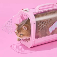 Load image into Gallery viewer, Cat Getting Out of KittyMoMo Pink Clear Hard Cat Carrier | MissyMoMo
