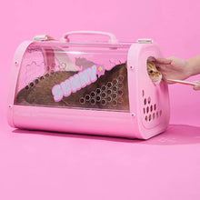 Load image into Gallery viewer, Stroking Cat Inside KittyMoMo Pink Clear Hard Cat Carrier | MissyMoMo
