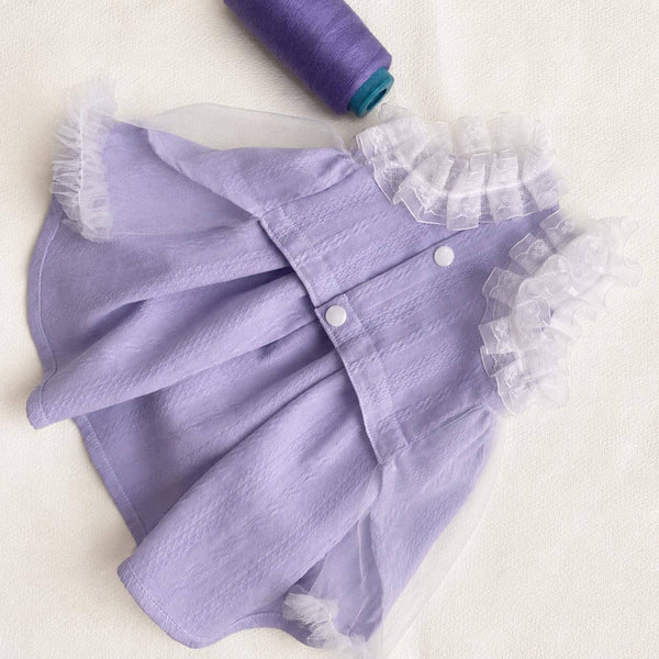 Lavender Cat Dress with Ruffled Lace Trim | MissyMoMo