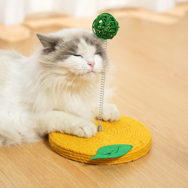 Cat Playing with Lemon Sisal Scratcher with Rattan Spring Ball | Interactive Cat Toys 