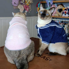 Load image into Gallery viewer, Pink And Navy Sailor Cat  Cardigans On Cats | Matching Cat Sweaters | MissyMoMo
