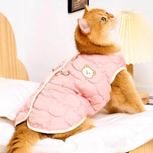 Load image into Gallery viewer, Cat Wearing Pink Quilted Jacket | Cozy Bear Patch Cat Outfit | MissyMoMo
