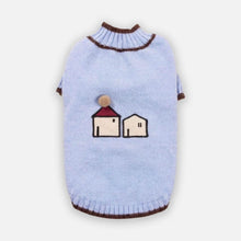 Load image into Gallery viewer, Blue Mochi Cat Sweater with brown trim and embroidered house design | MissyMoMo
