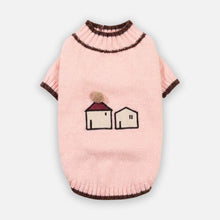 Load image into Gallery viewer, Pink Mochi Cat Sweater with brown trim and embroidered house design | MissyMoMo

