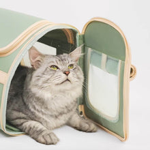 Load image into Gallery viewer, Cat Lounging At Open Front of Vintage Leather Pet Carrier | MissyMoMo
