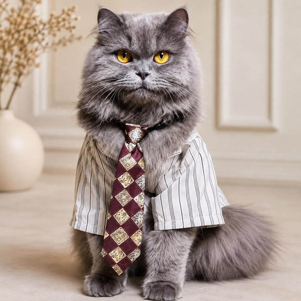 Grey Cat Wearing Oxford Cat Shirt with Burgundy Patterned Tie | MissyMoMo