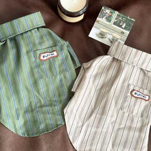 Load image into Gallery viewer, Back View of Oxford Cat Shirt in Sage Green and Cream | Striped Pet Shirt | MissyMoMo
