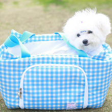 Load image into Gallery viewer, Puppy in Blue Gingham Pet Carrier | MissyMoMo
