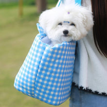 Load image into Gallery viewer, Puppy in Blue Gingham Pet Carrier | MissyMoMo
