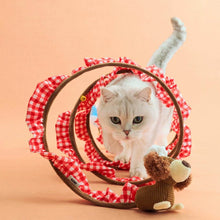 Load image into Gallery viewer, Cat Crouching Inside Red Gingham Spiral Cat Tunnel | Interactive Cat Toys | MissyMoMo
