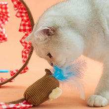 Load image into Gallery viewer, Cat Batting Blue Feather Teaser on Spiral Cat Tunnel | Feather Cat Toys | MissyMoMo
