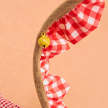 Load image into Gallery viewer, Red Gingham Spiral Cat Tunnel Laid Flat with Plush Puppy | Cute Cat Toys | MissyMoMo
