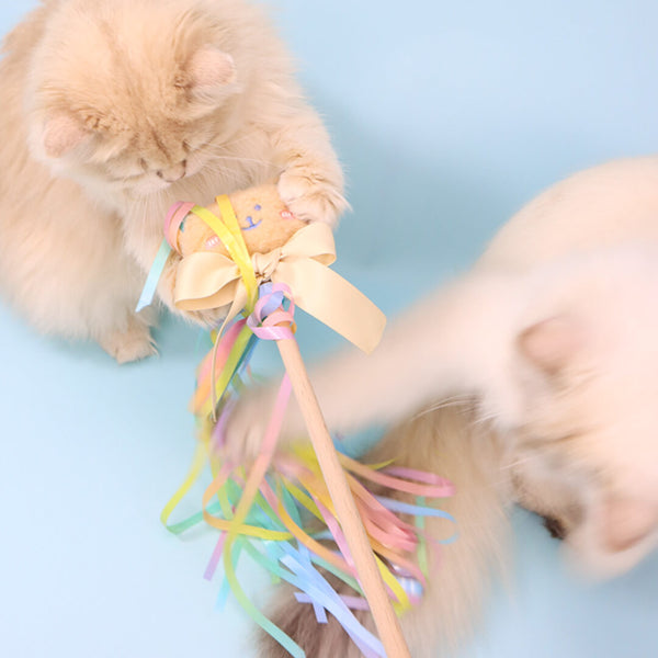 Cat Playing with Rainbow Ribbon Bear Cat Wand Toy | Cute Cat Toys | MiissyMoMo