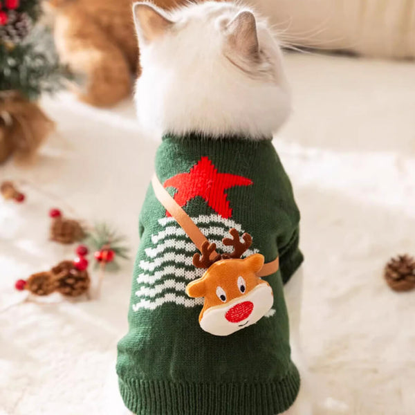 Cat in Cute Green Christmas Reindeer Sweater | MissyMoMo