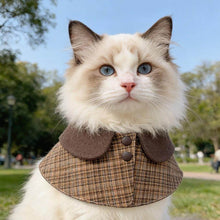 Load image into Gallery viewer, Tweed Cat Bib on Fluffy Cat | Brown Plaid Classic Collar Cat Bib | MissyMoMo
