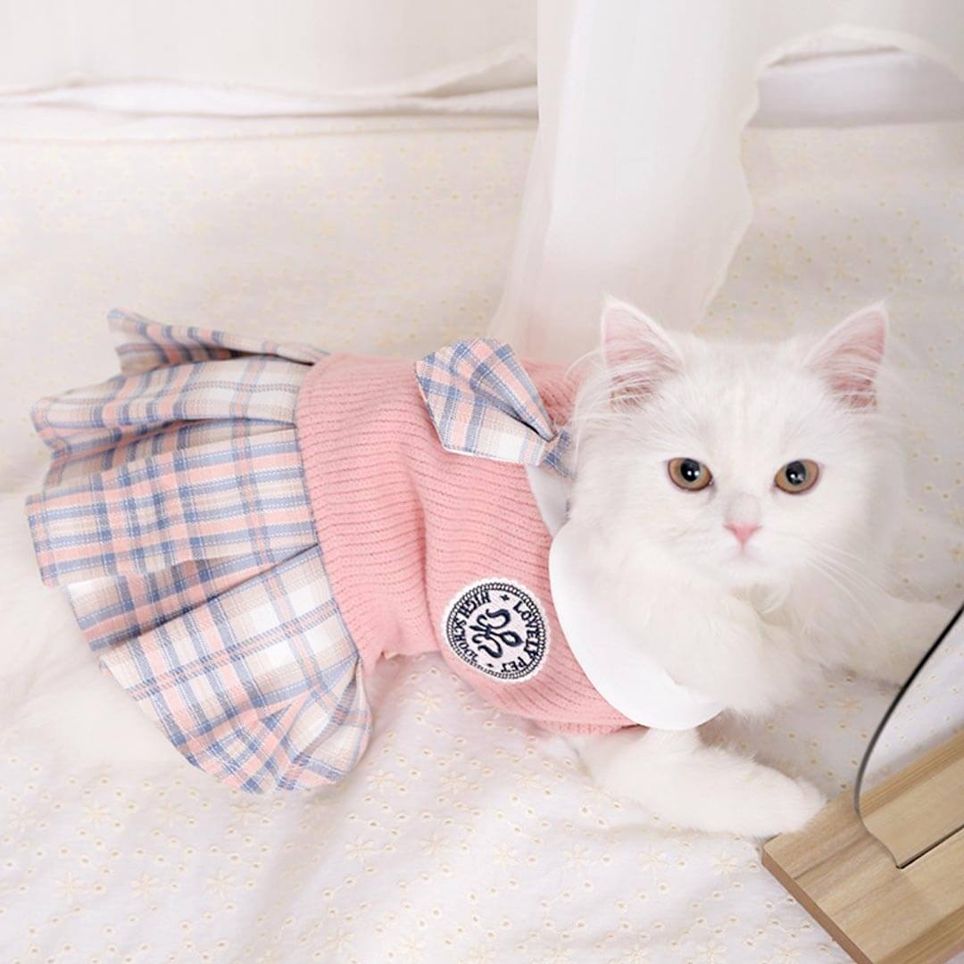 ladies cat dress MissyMoMo Dog & Cat Knit Top with Tie and Plaid Dress, L, Light Pink