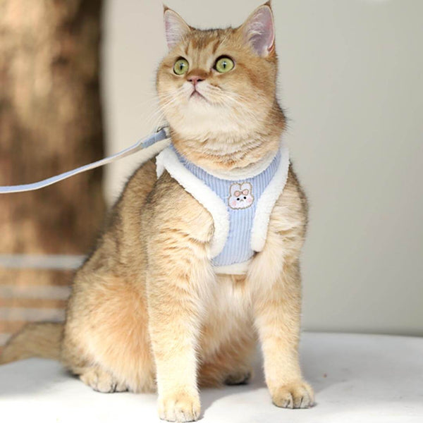 Fuzzball Cat Harness & Leash Set | Blue Fleece Kitty Harness | MissyMoMo