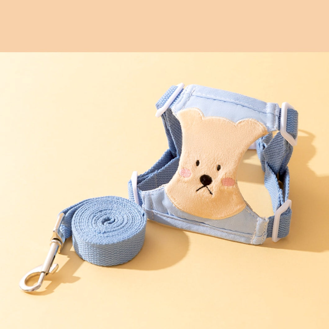 Lolly Cat Harness & Leash Set In Blue With Embroidered Bear Design | MissyMoMo