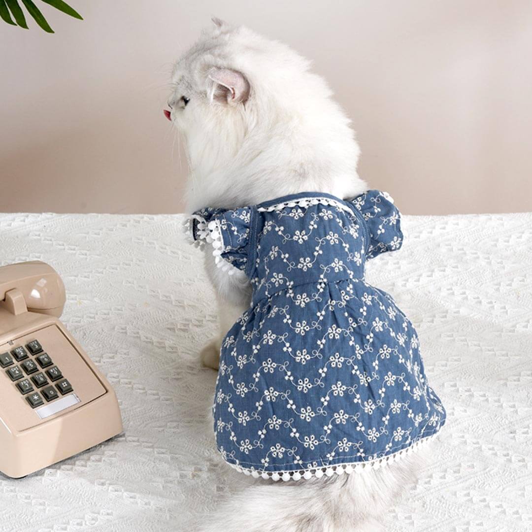 MissyMoMo Retro Floral Dress Dog & Cat Dress, Dress for Cats, M, Steel Blue